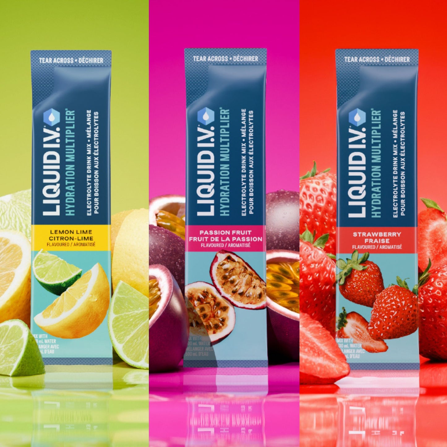 Pack varié sportif liquide I.V. (citron vert, fraise et fruit de la passion)
