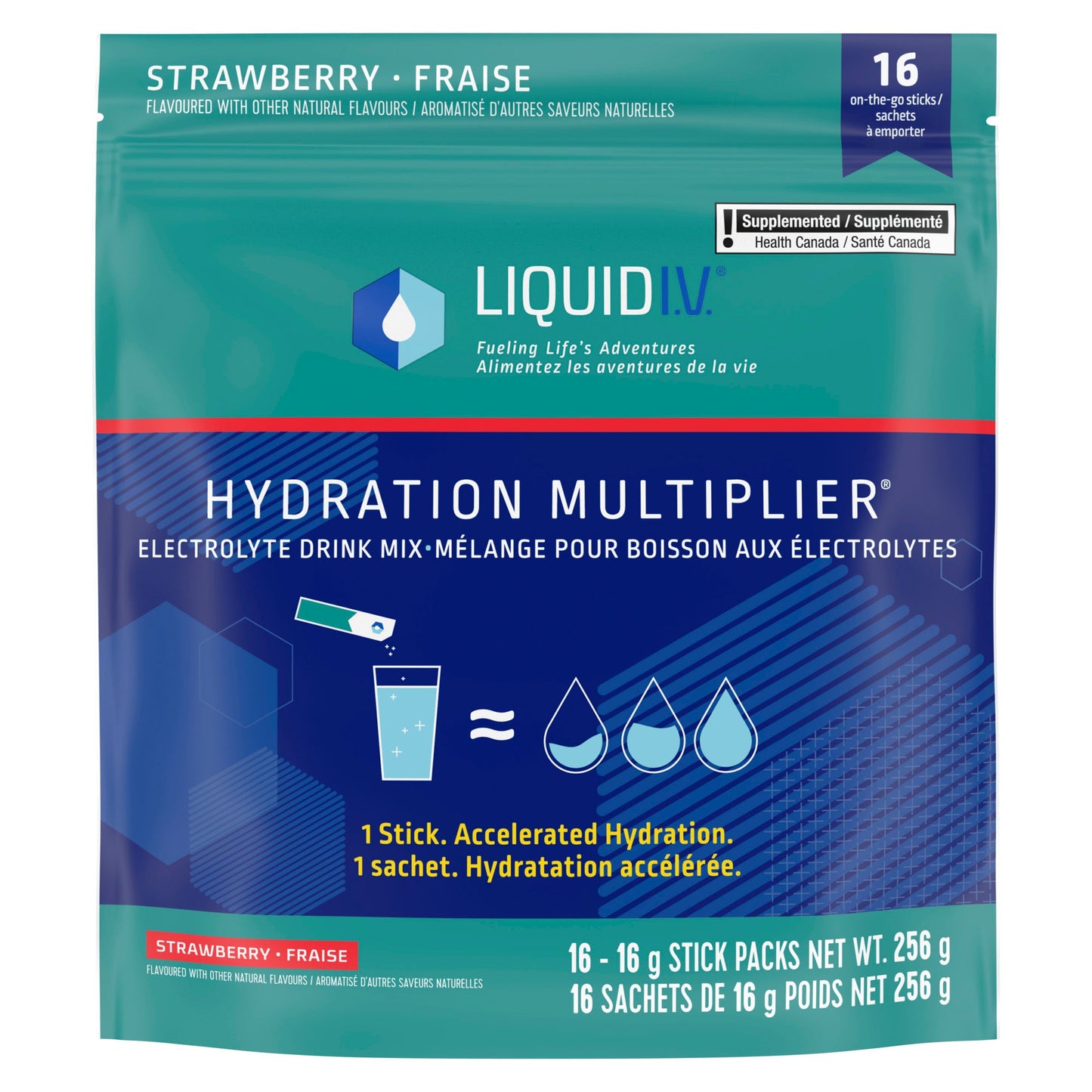 Showing the front angle view of the green & blue Liquid I.V. Hydration Multiplier Strawberry product packaging.