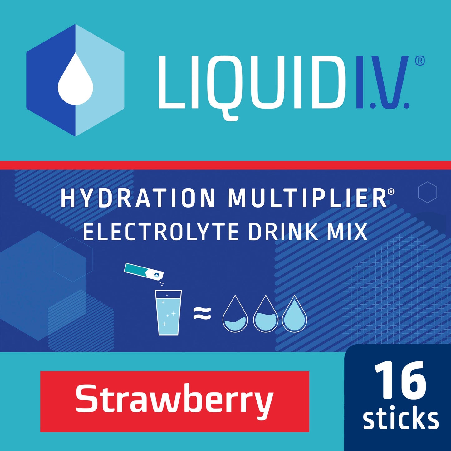 Showing the mobile-ready front angle view of the green & blue Liquid I.V. Hydration Multiplier Strawberry product packaging.