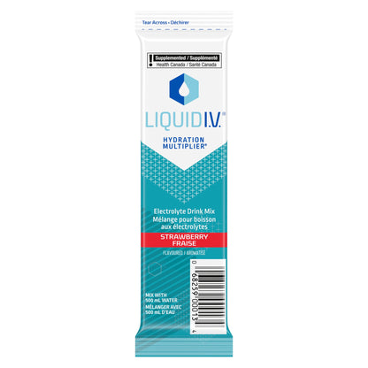 Showing the front angle view of an individual Liquid I.V. Hydration Multiplier Strawberry mix pack.